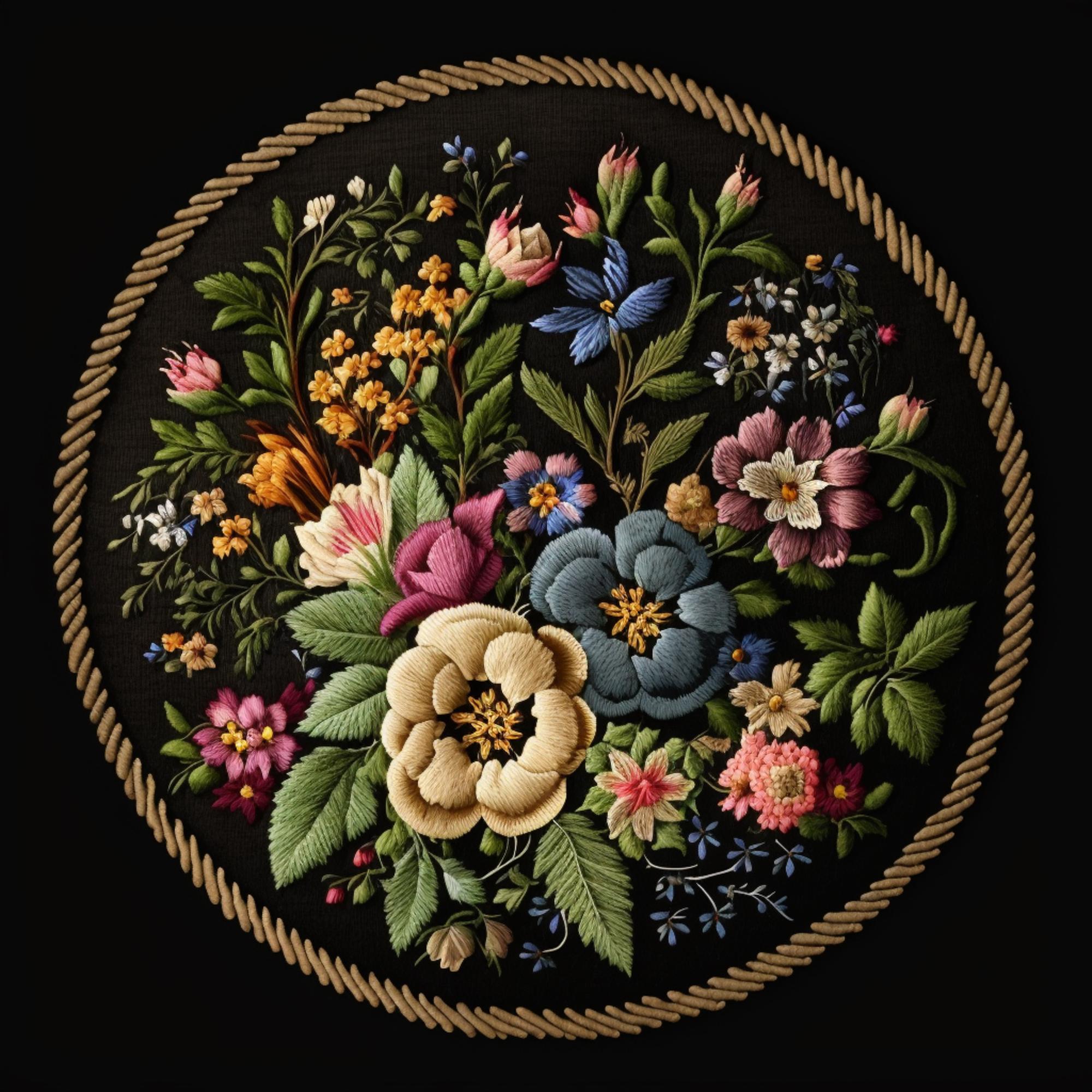 circular floral motif on dark linen